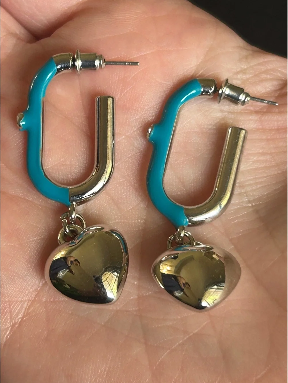 Silver and Turquoise Heart Dangle Hoop Earrings
